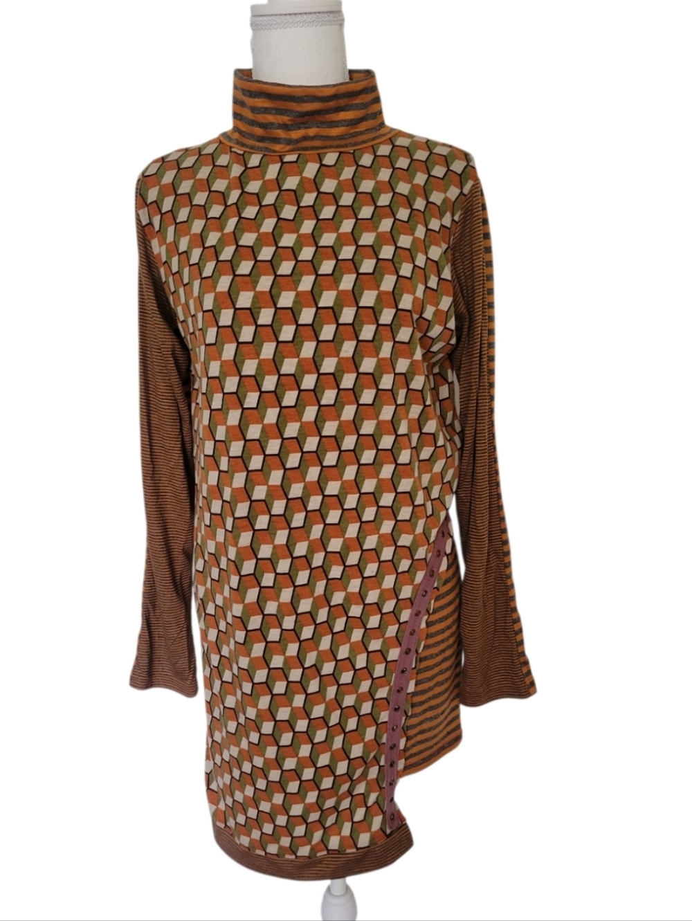 Anac By Kimi Asymmetrical Tunic Top Mixed Print Grommet Accent Art Deco Retro MD